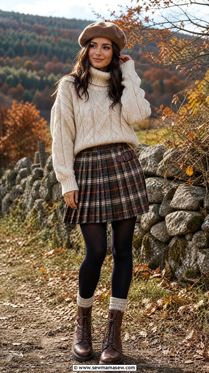 Checked Pleated Kilt with Chunky Sweater - 25 chic pleated skirt outfit ideas