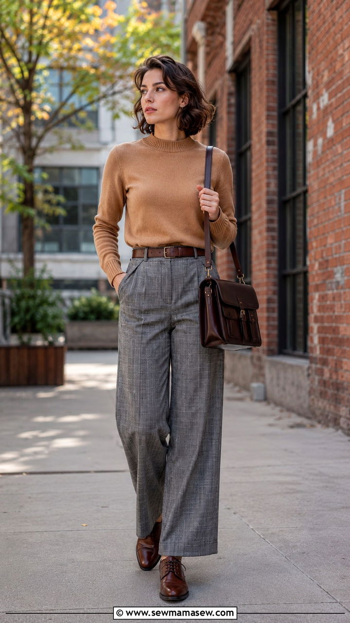 Checked Trousers with Solid Tone Sweater and Oxfords - 30 Modest outfit ideas for working mom