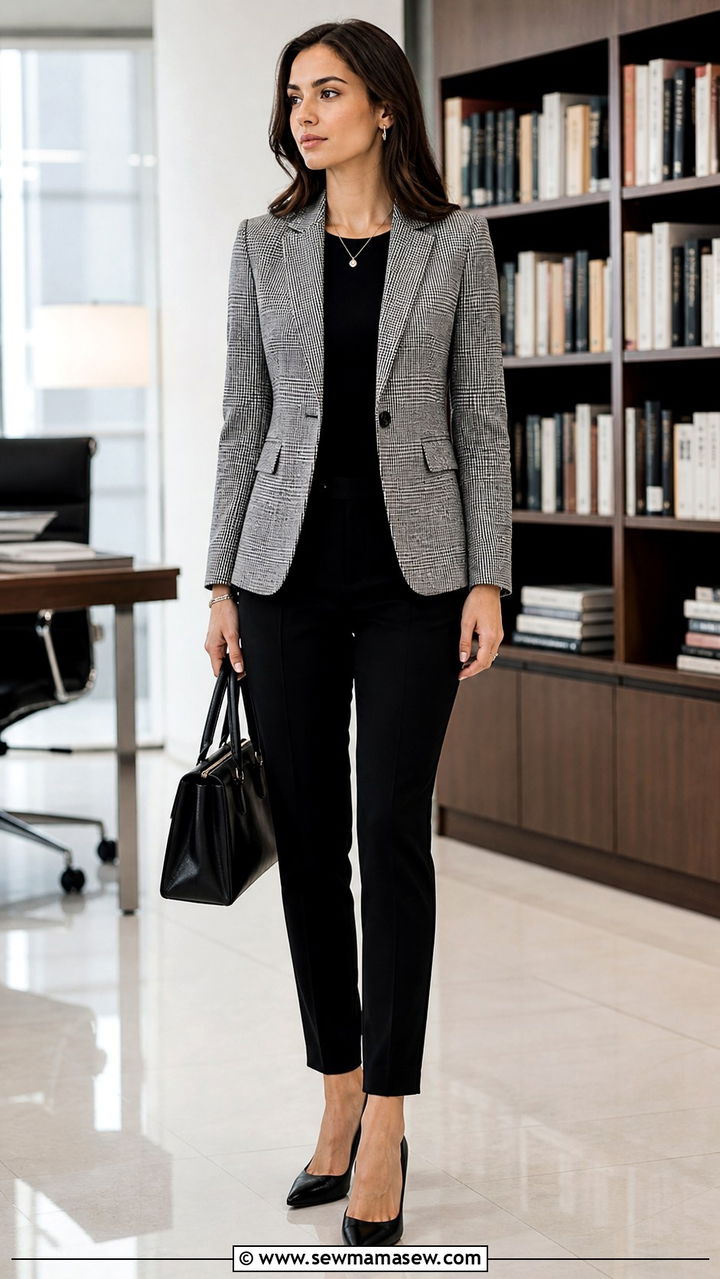 Checked blazer with black trousers - 40 classy office outfits