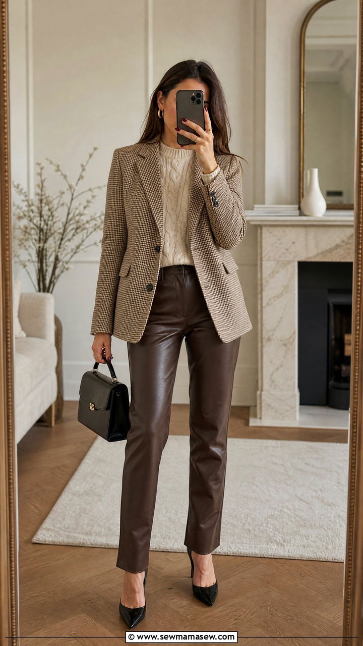 Checked blazer with cable knit and leather trousers - 25 Quiet luxury outfit ideas spring 2026