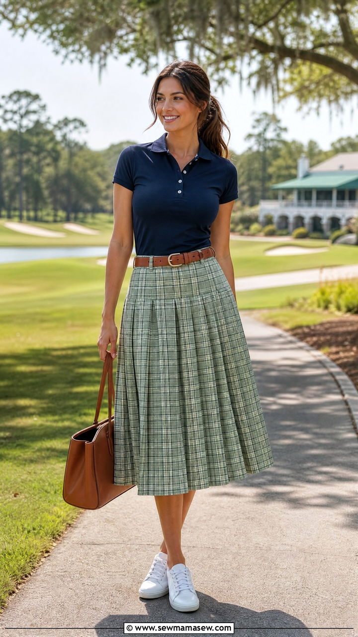 Checked pleated skirt with polo shirt outfit - 25 spring pleated skirt outfit ideas