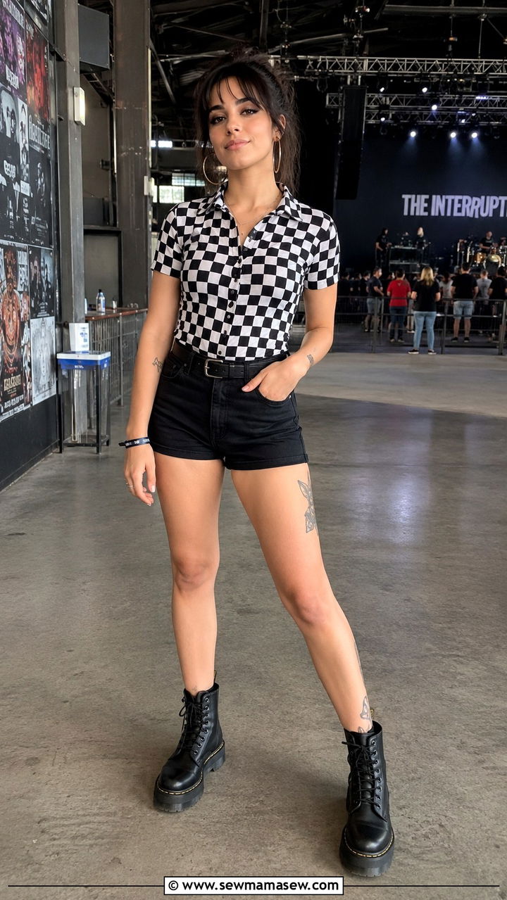 Checkerboard Shirt with Black Shorts and Chunky Boots - 30 casual summer concert outfits