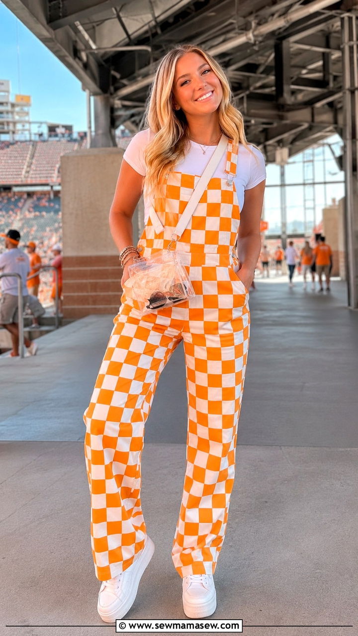 Checkerboard overalls with white tee and sneakers - 20 Gameday outfit ideas Tennessee