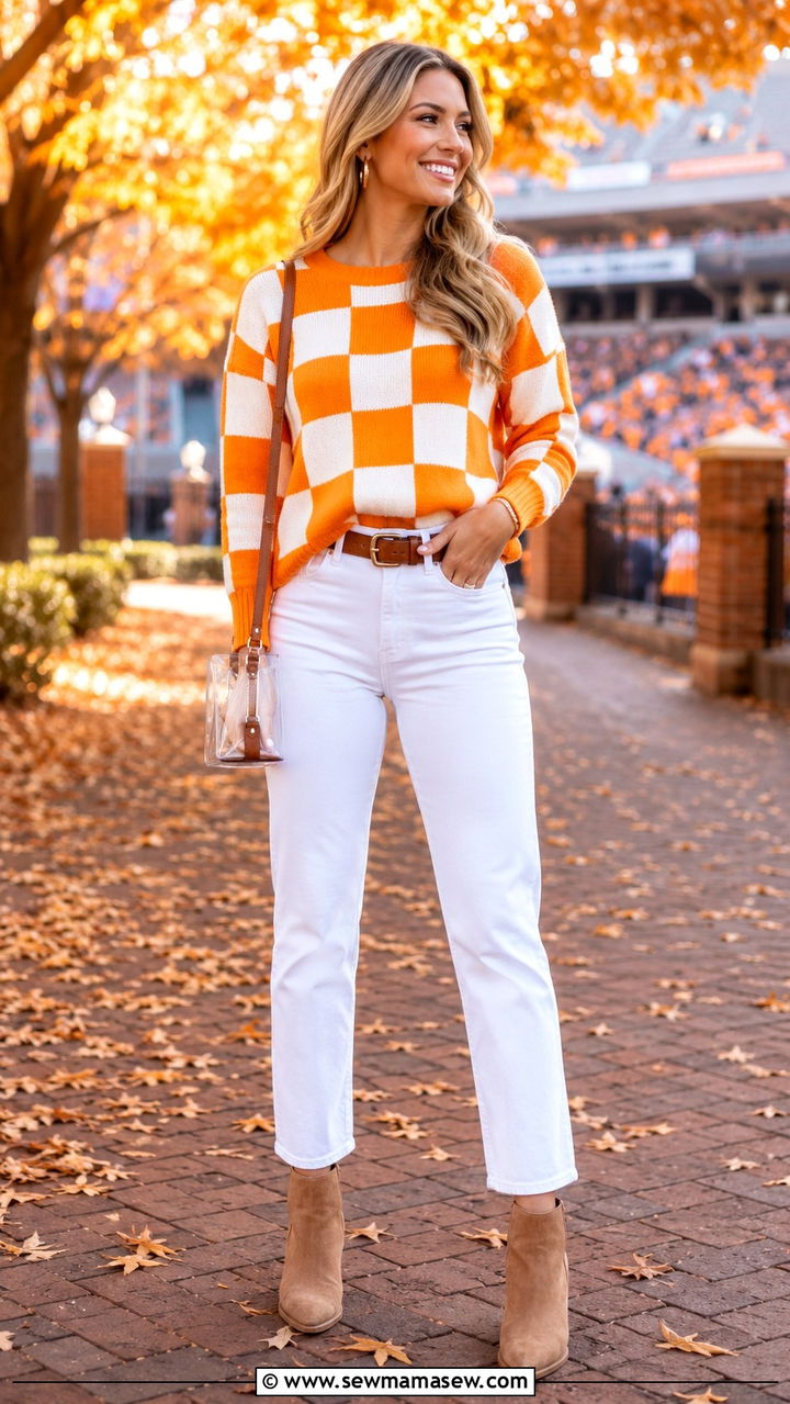 Checkerboard sweater with white jeans and booties - 20 Gameday outfit ideas Tennessee