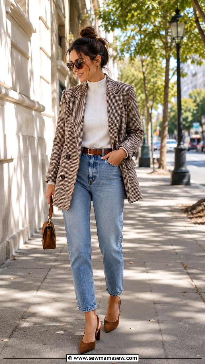 Checkered Blazer With Mom Jeans - 30 transitional petite outfit ideas
