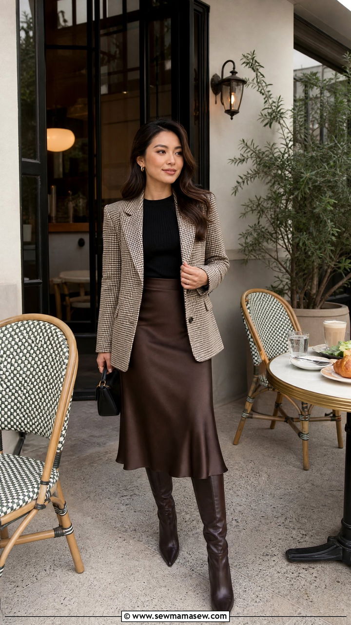 Checkered Blazer With Satin Midi Skirt - 25 Petite outfit ideas with blazer