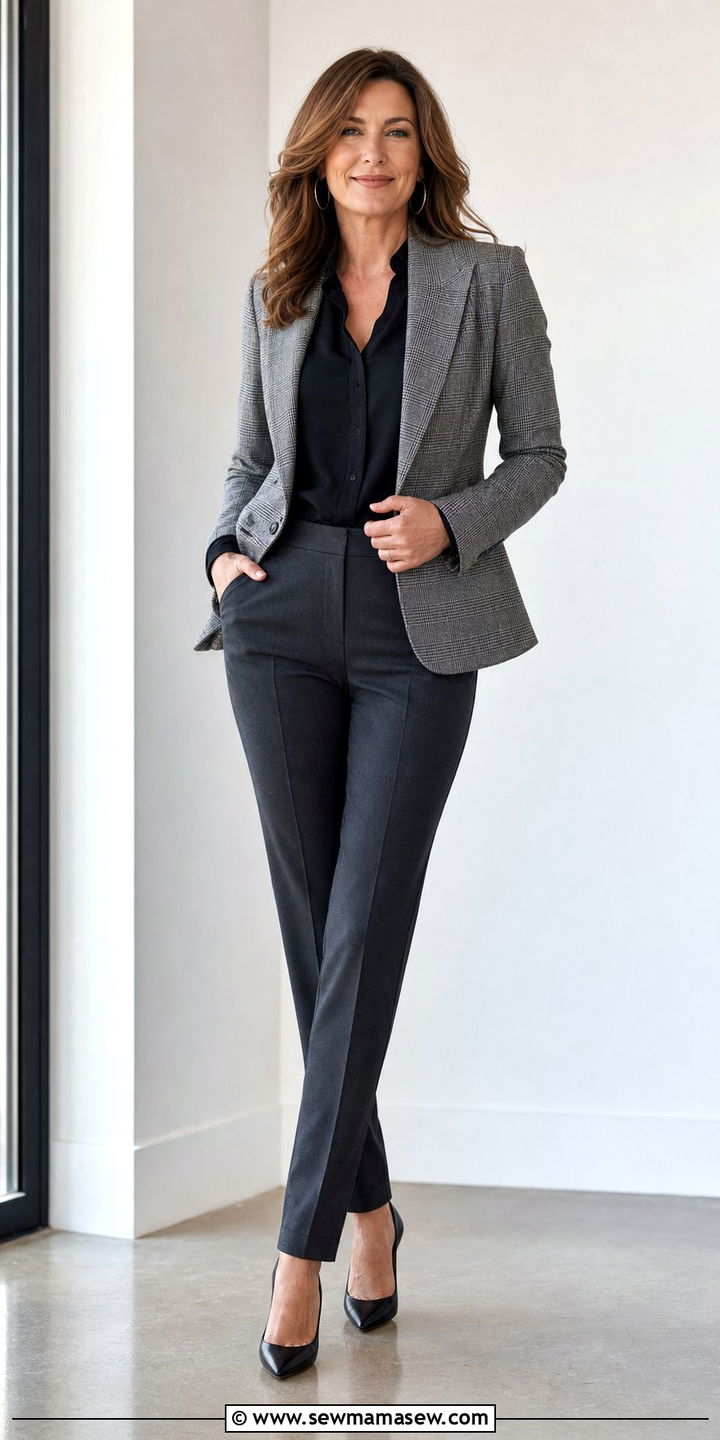 Checkered Blazer with Charcoal Trousers - 35 Business casual outfits for women over 40