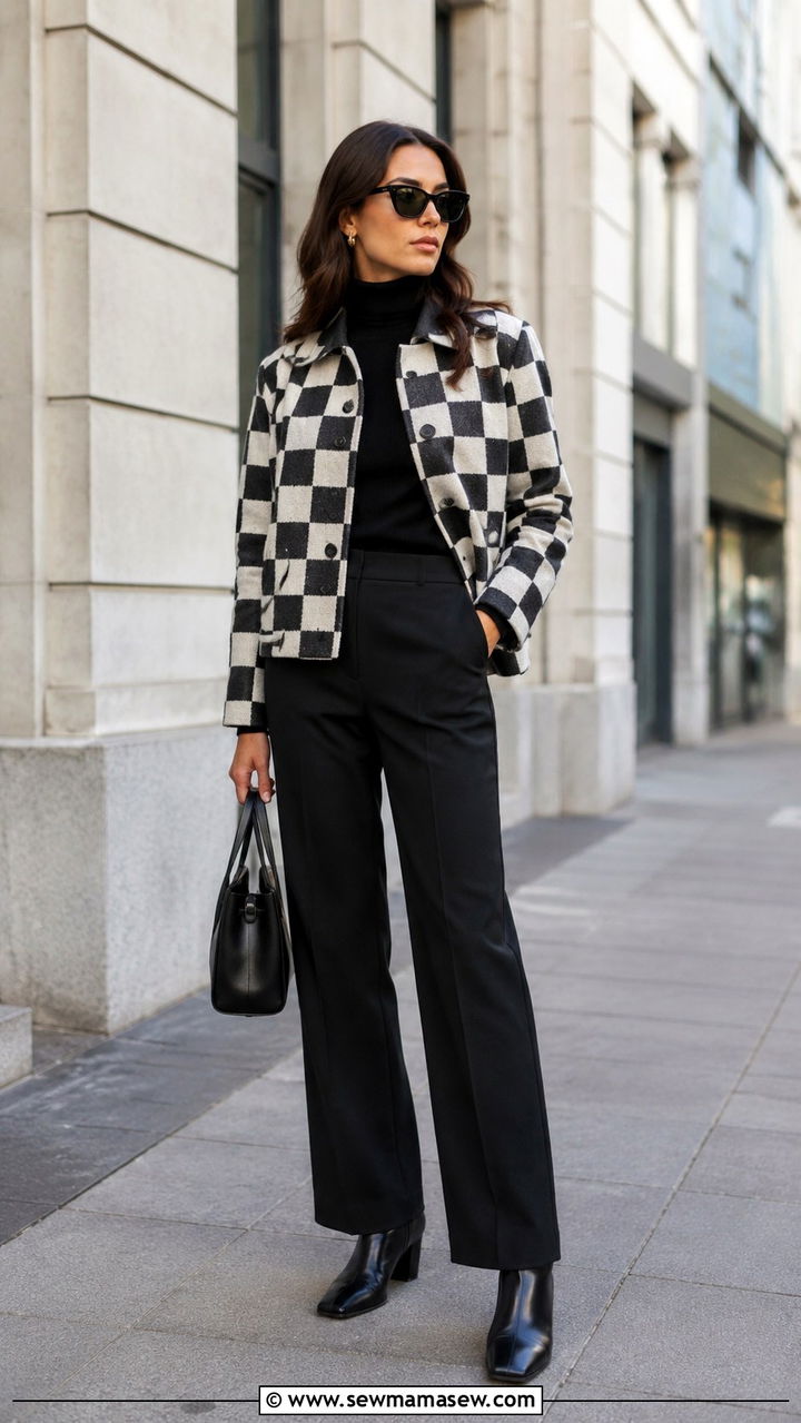 Checkered Jacket With Black Turtleneck and Trousers - 30 Mod outfit ideas