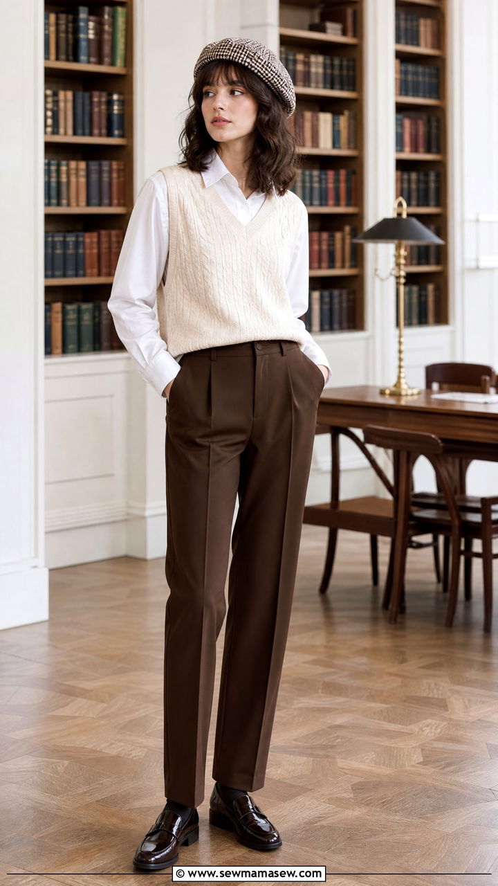 Checkered beret with a sweater vest and trousers - 35 Beret outfit ideas