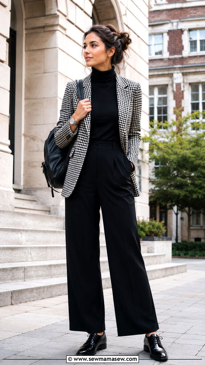 Checkered black and white blazer with a black turtleneck and oxfords - 25 Wide leg black pants outfit ideas with a blazer