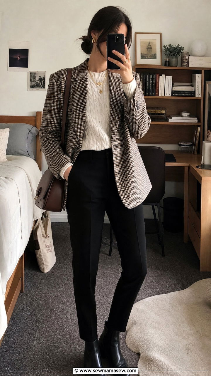 Checkered blazer and cable knit sweater - 30 Dark academia school outfits