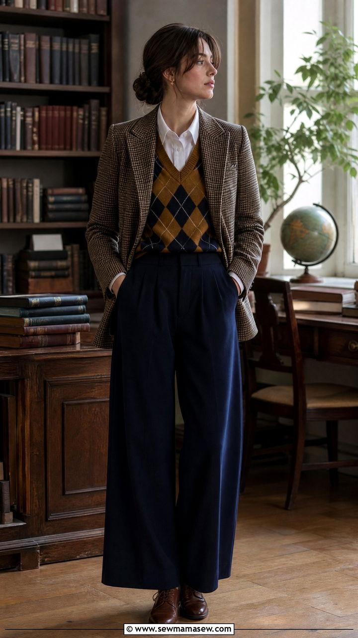 Checkered blazer with argyle vest and wide leg trousers outfit - 25 classy dark academia outfit ideas