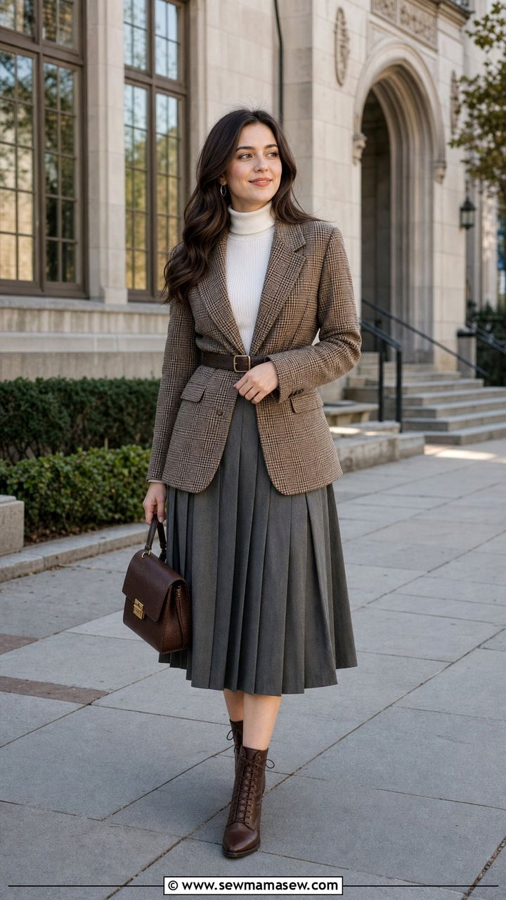 Checkered tweed blazer and pleated midi skirt with turtleneck outfit - 25 spring light academia outfits