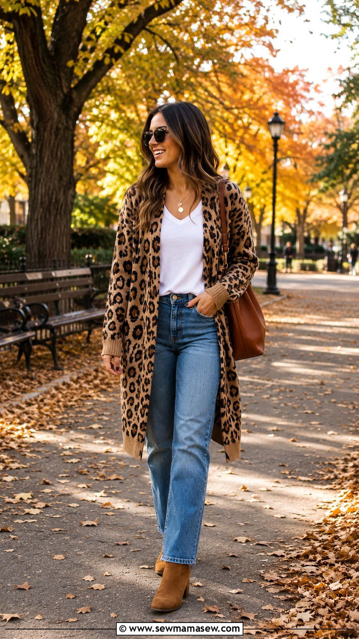 Cheetah print cardigan with jeans outfit - 25 Animal Kingdom outfit ideas