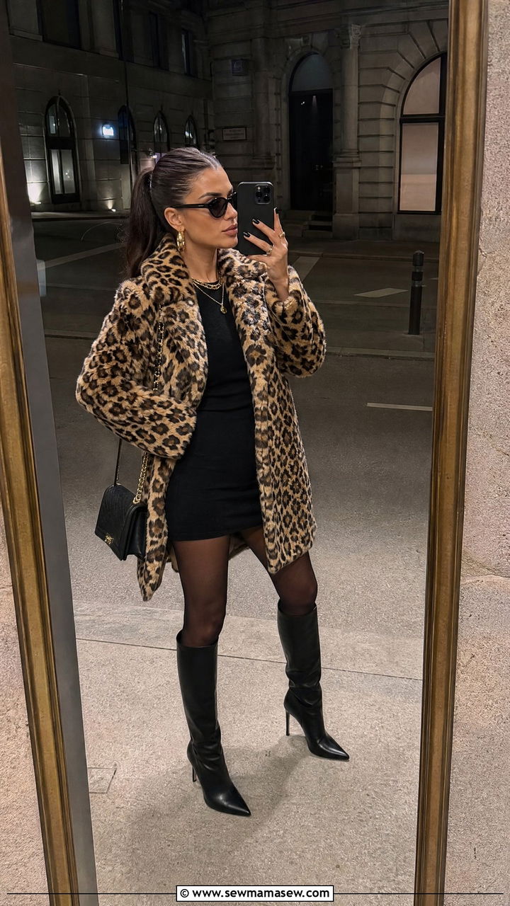 Cheetah print coat with black mini dress - 35 Mob wife outfit ideas