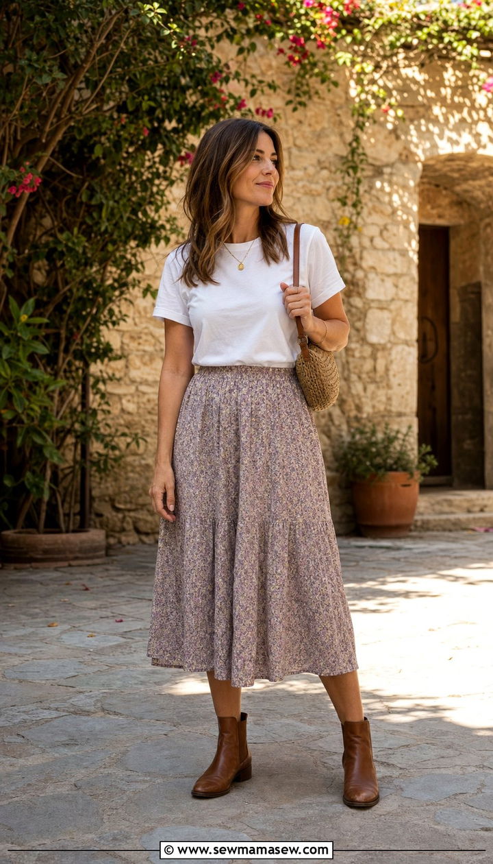 Chelsea Boots With Printed Midi Skirt And White Tee - 25 Spring outfits with chelsea boots