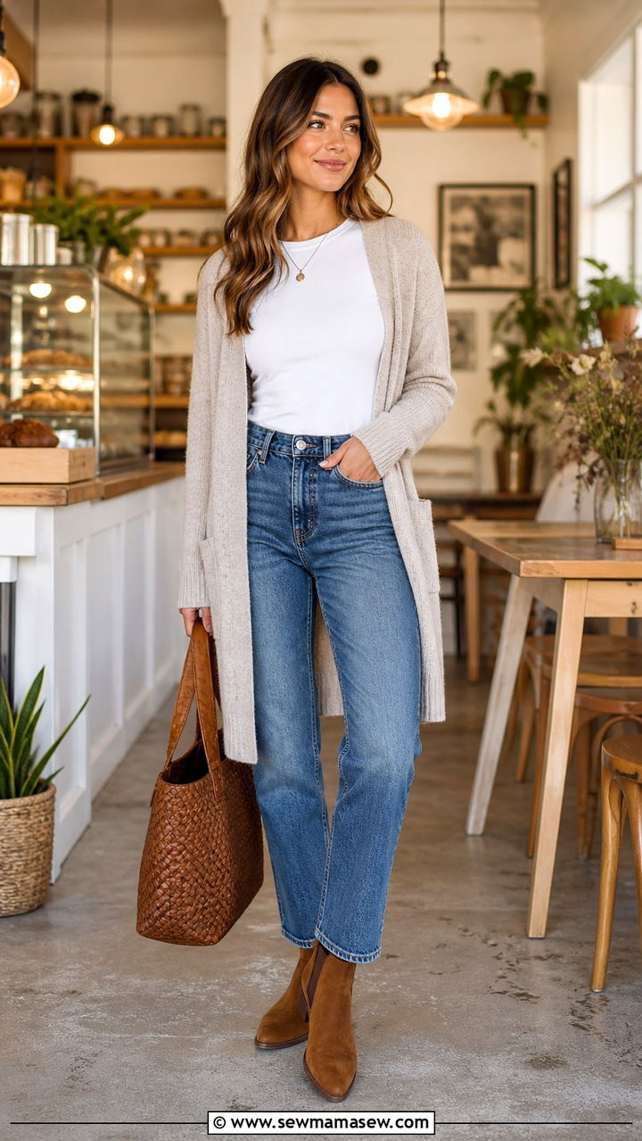 Chelsea boots with a cardigan and jeans - 40 Chelsea boots outfit ideas