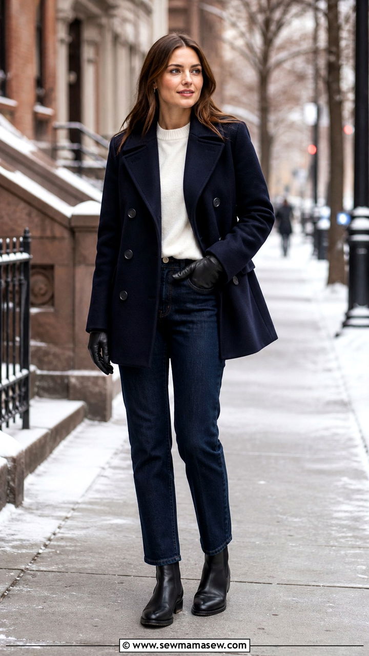 Chelsea boots with a peacoat and dark denim - 40 Chelsea boots outfit ideas