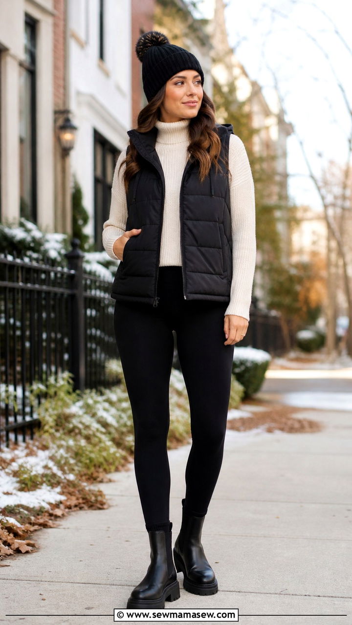 Chelsea boots with a puffer vest and knit layers - 40 Chelsea boots outfit ideas