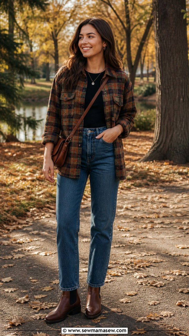 Chelsea boots with a shacket and straight leg jeans - 40 Chelsea boots outfit ideas