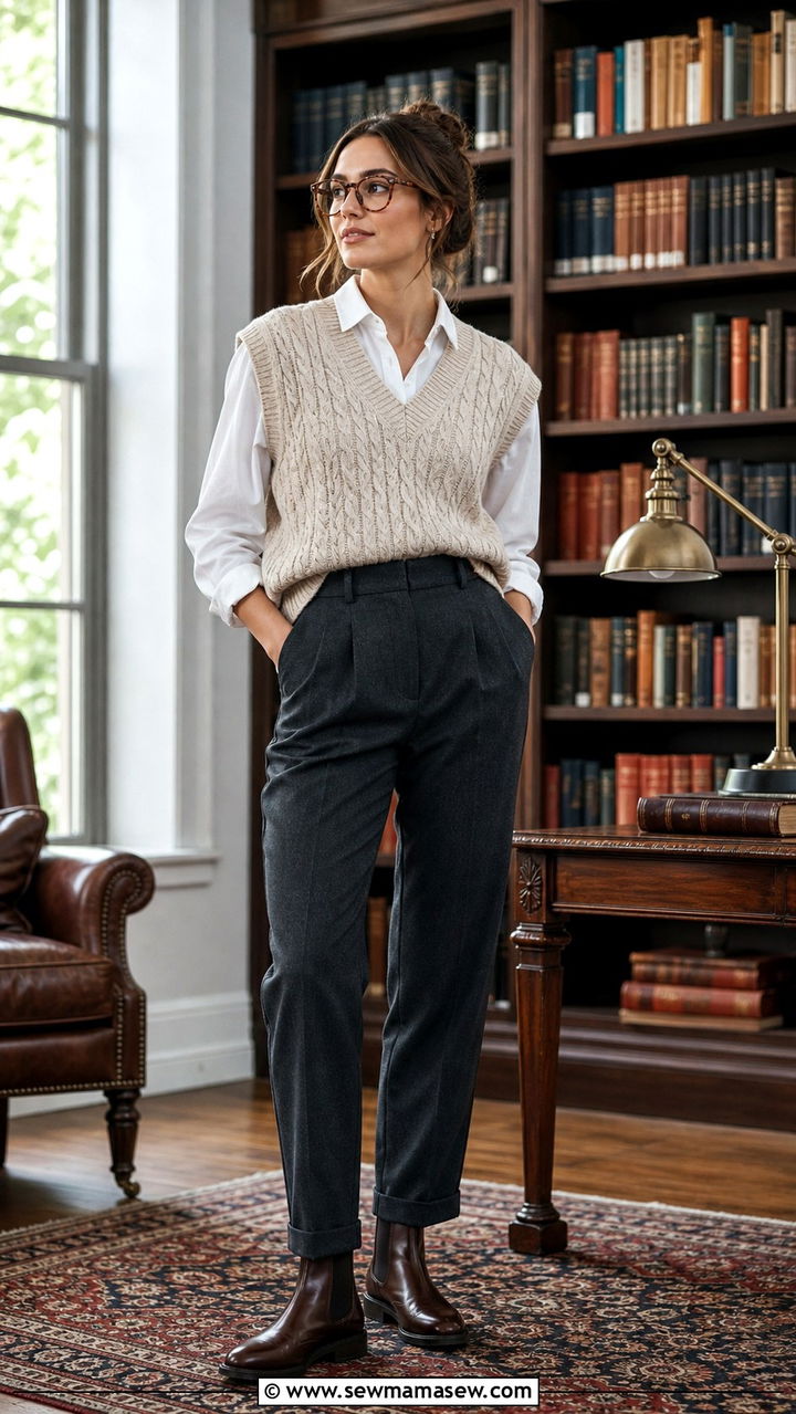 Chelsea boots with a sweater vest and trousers - 40 Chelsea boots outfit ideas