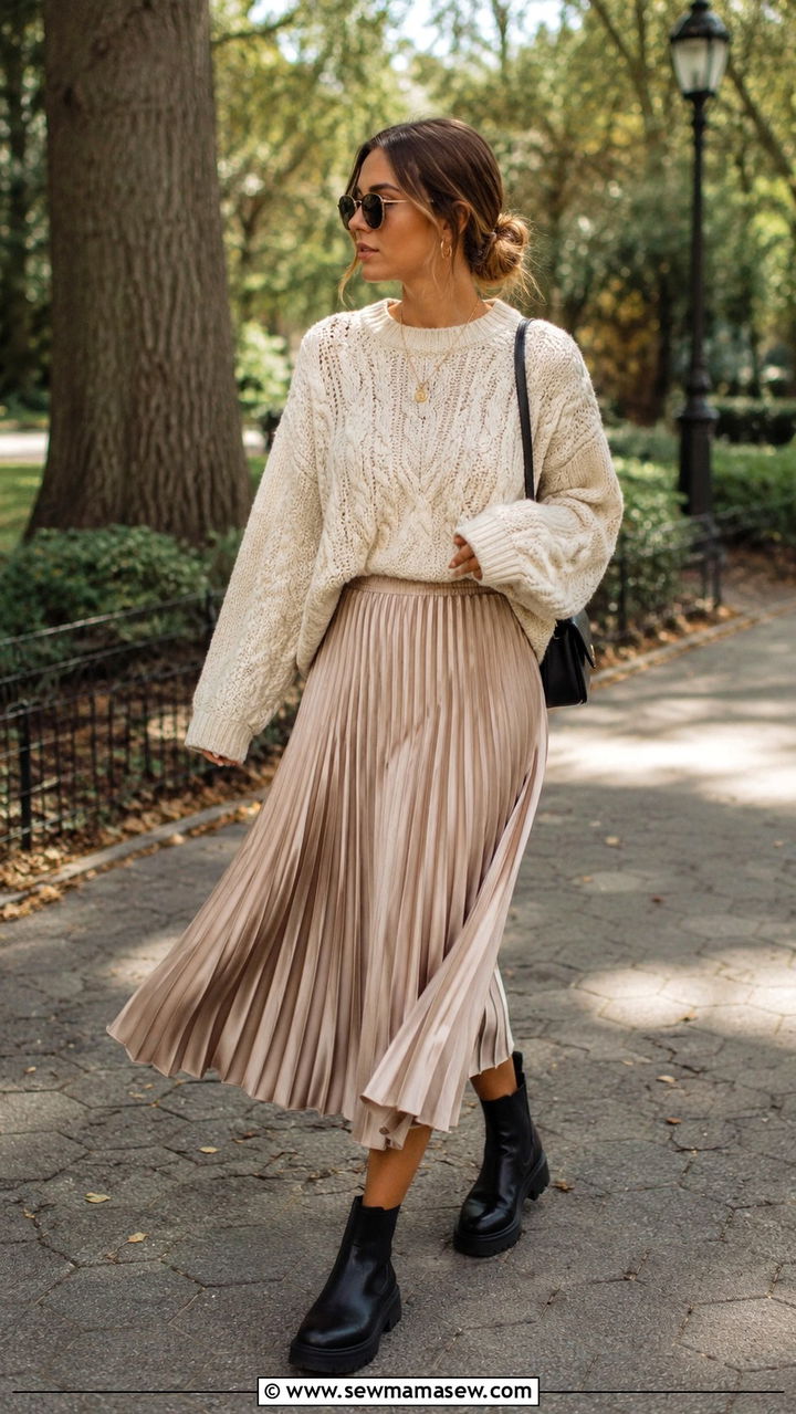 Chelsea boots with midi skirt and chunky knit - 30 transitional boots outfit ideas