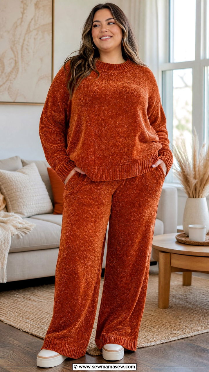 Chenille Sweater and Wide Leg Pants Set Plus Size - 25 Matching set outfit ideas plus size