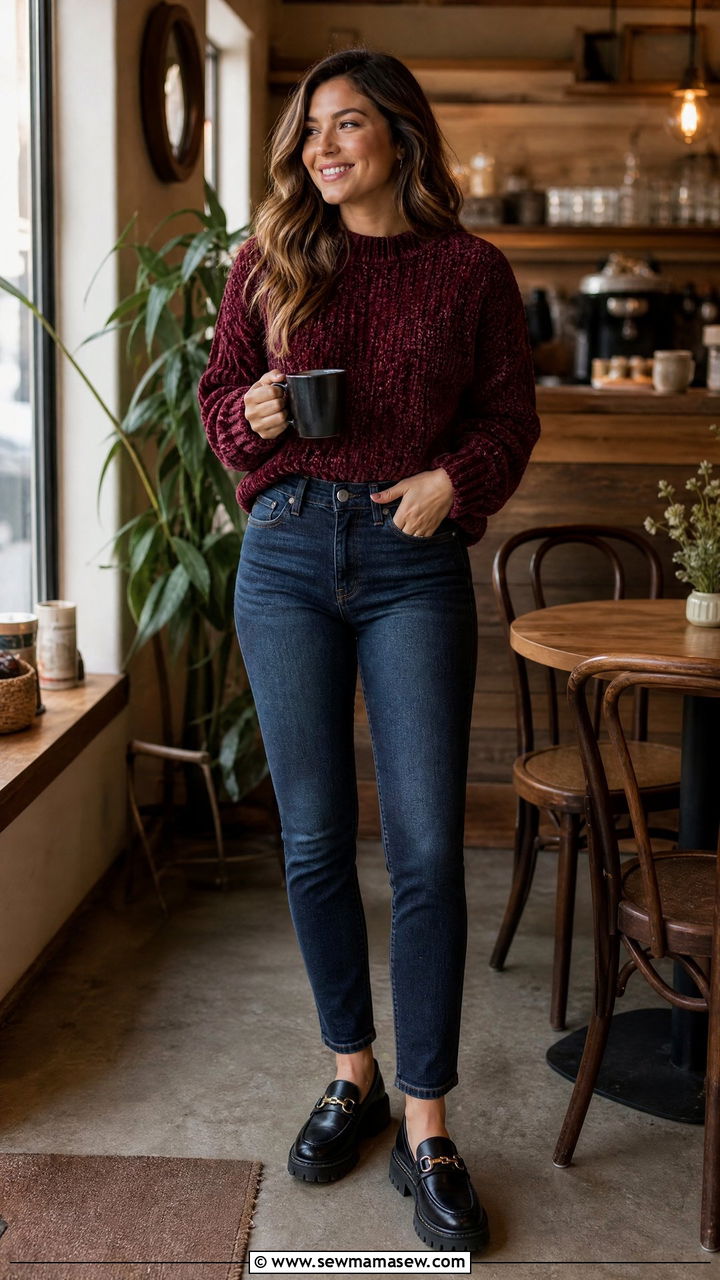 Chenille sweater with high waisted dark jeans and loafers - 30 High waisted jeans outfit ideas with loafers
