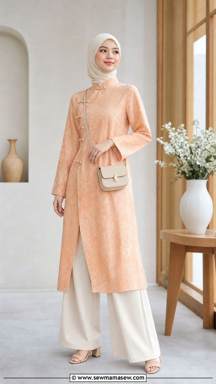 Cheongsam Inspired Tunic with Wide Leg Pants - 25 Eid al Fitr outfit ideas 2026