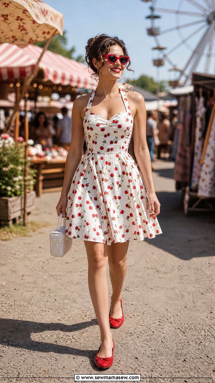 Cherry Print Halter Dress With Red Cat Eye Sunglasses - 30 summer vintage outfit ideas