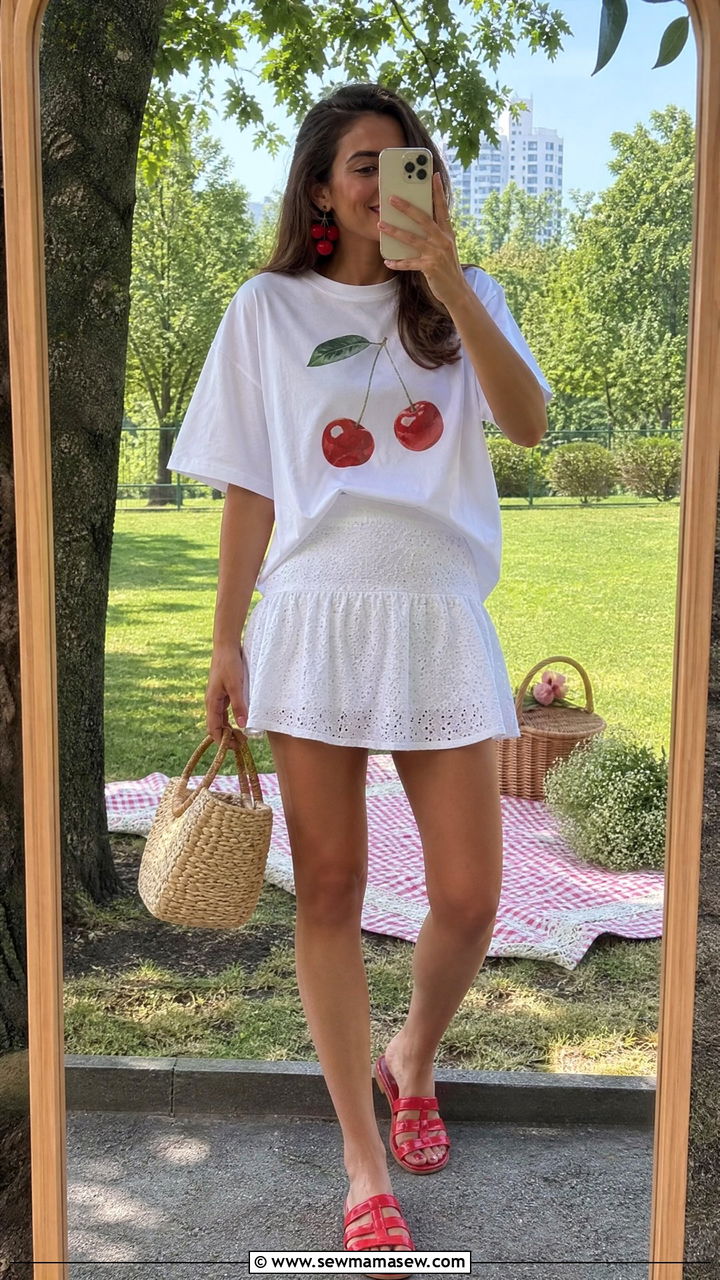 Cherry Print Oversized Tee With White Eyelet Mini Skirt Outfit - 30 Summer cozy outfit ideas