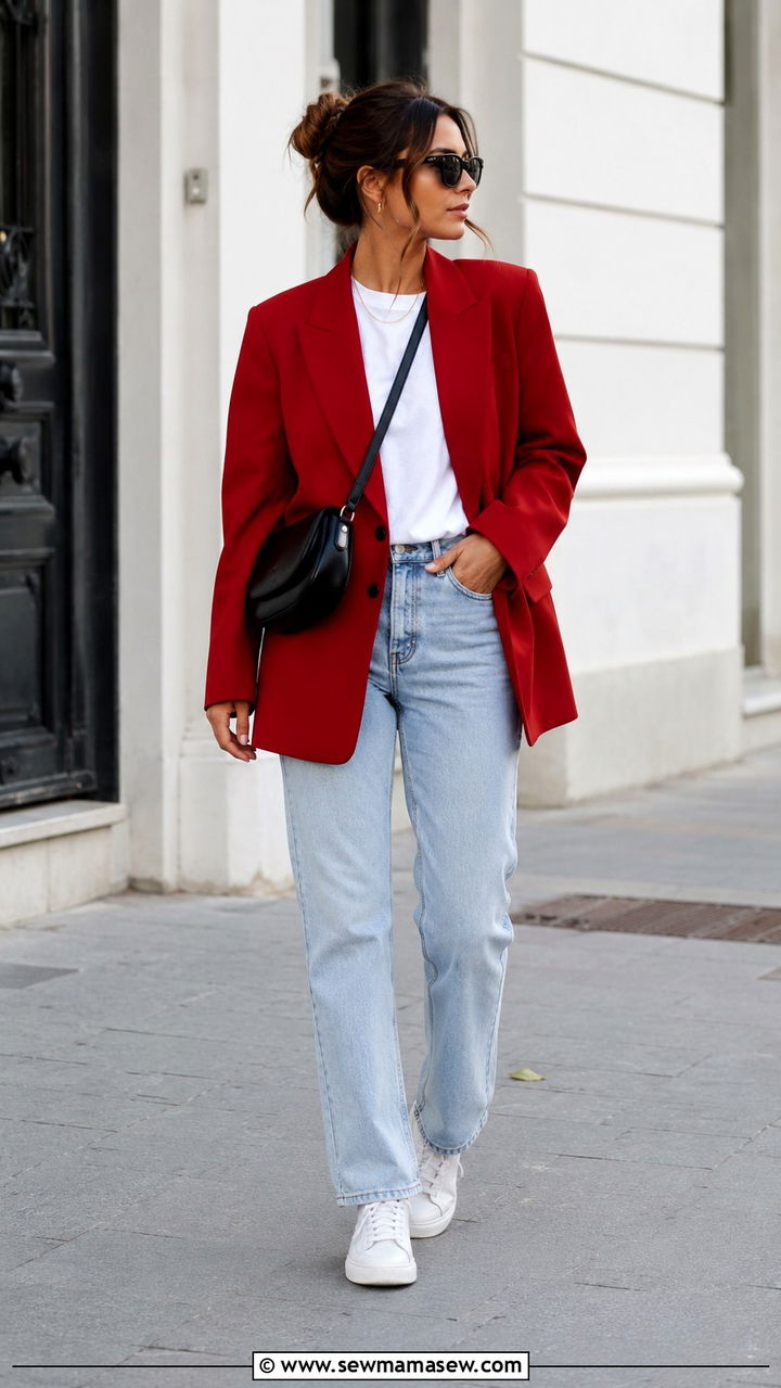 Cherry Red Blazer With White Tee And Jeans - 30 Cherry red outfit ideas