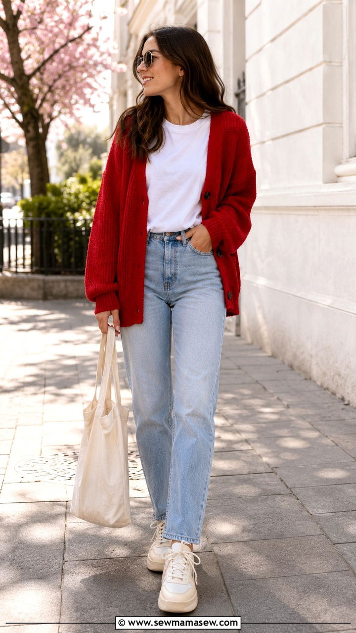 Cherry Red Cardigan With Light Wash Straight Leg Jeans - 30 spring red outfit ideas