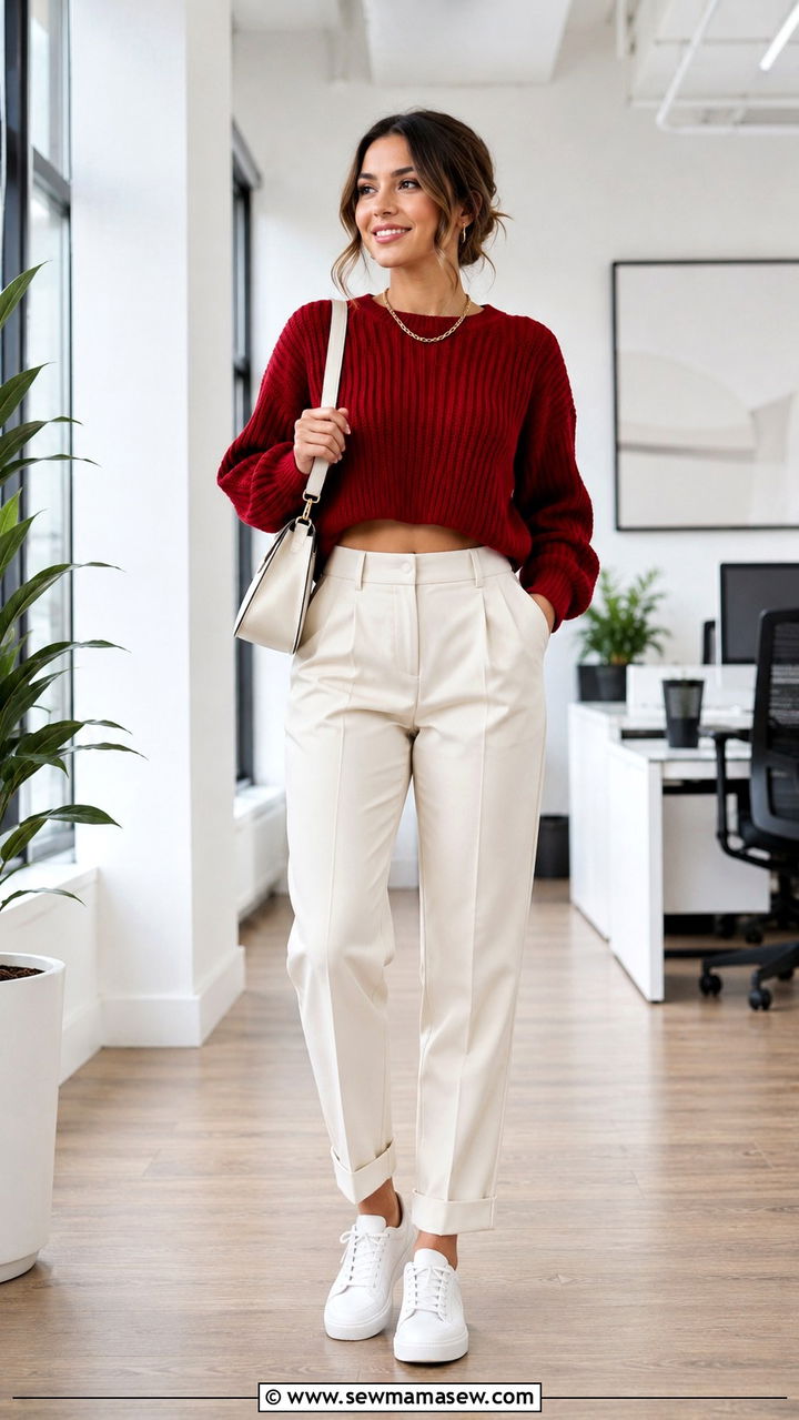 Cherry Red Cropped Sweater With High Waisted Pants - 30 Cherry red outfit ideas