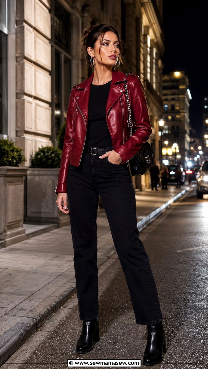 Cherry Red Leather Jacket With Black Jeans - 30 Cherry red outfit ideas