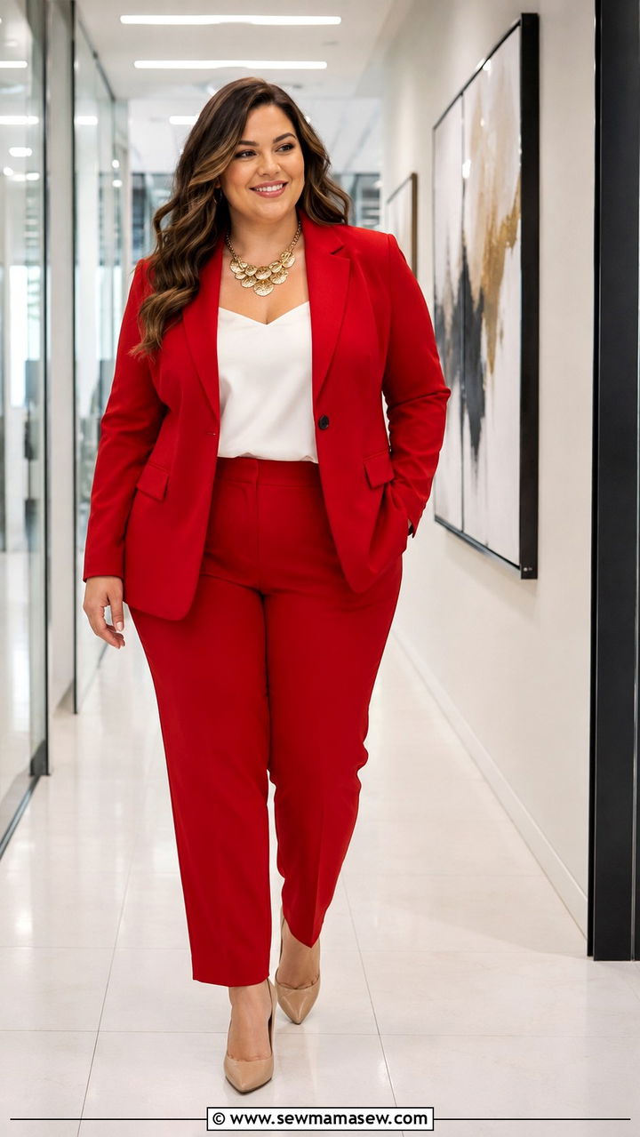 Cherry Red Power Suit With Gold Accents - 25 Plus size work outfit ideas 2026