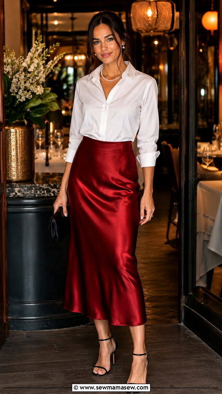 Cherry Red Satin Skirt With White Blouse - 30 Cherry red outfit ideas