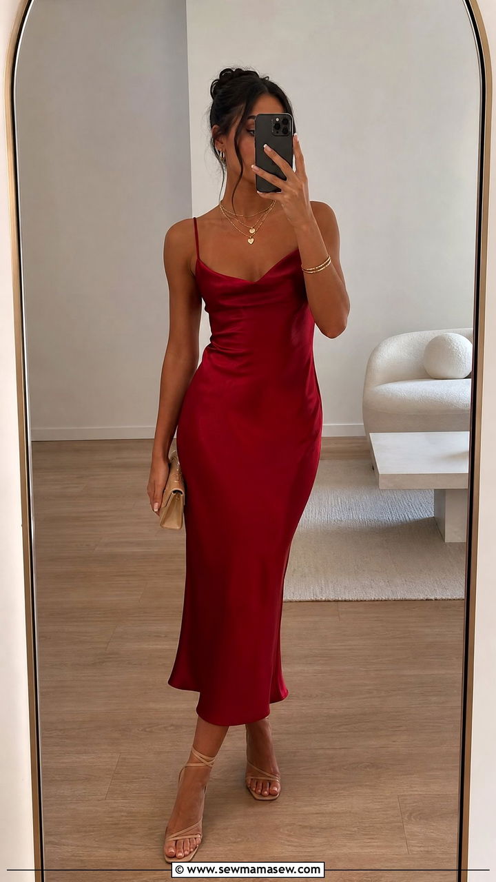 Cherry Red Slip Dress With Strappy Sandals - 30 summer red outfit ideas