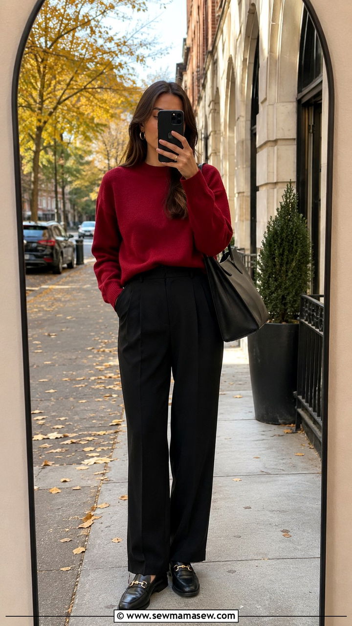 Cherry Red Sweater With Black Trousers And Loafers - 30 Cherry red outfit ideas