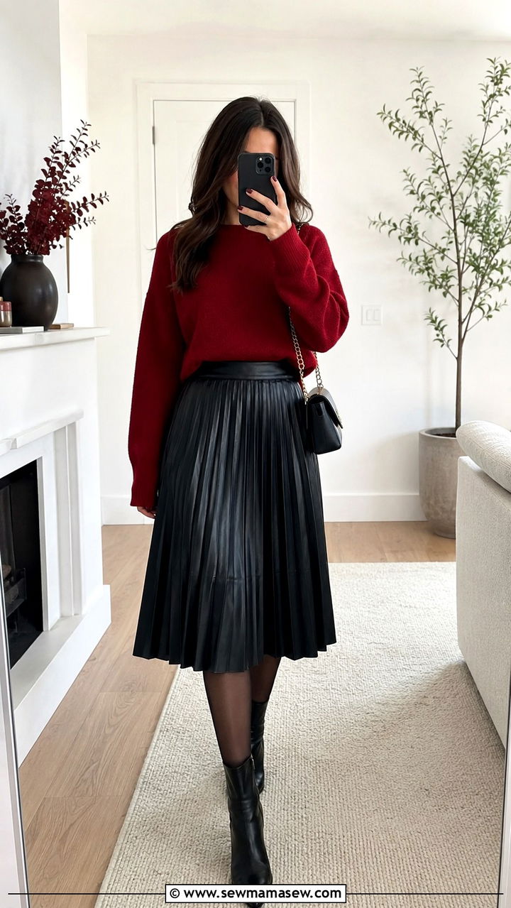 Cherry Red Sweater with Black Pleated Leather Midi Skirt - 30 Leather skirt outfit ideas with a sweater