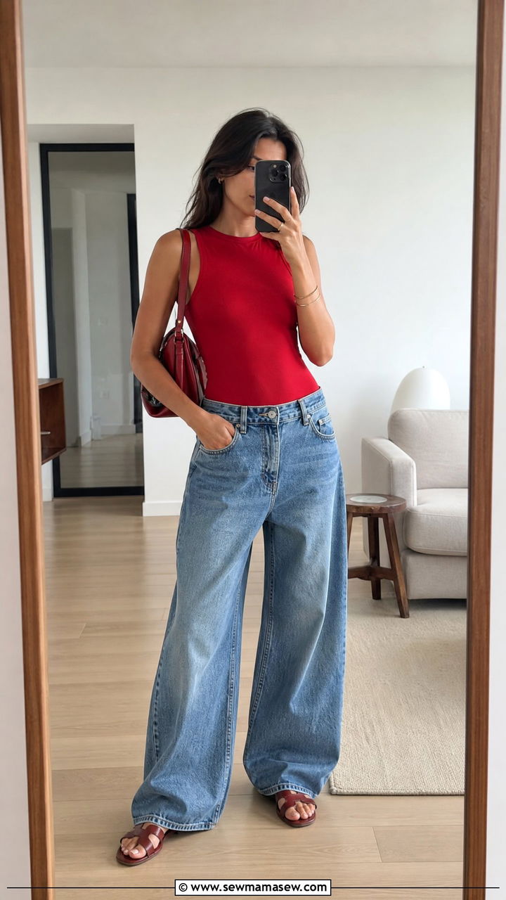 Cherry Red Top With Relaxed Denim Outfit - 30 Confident spring outfit ideas