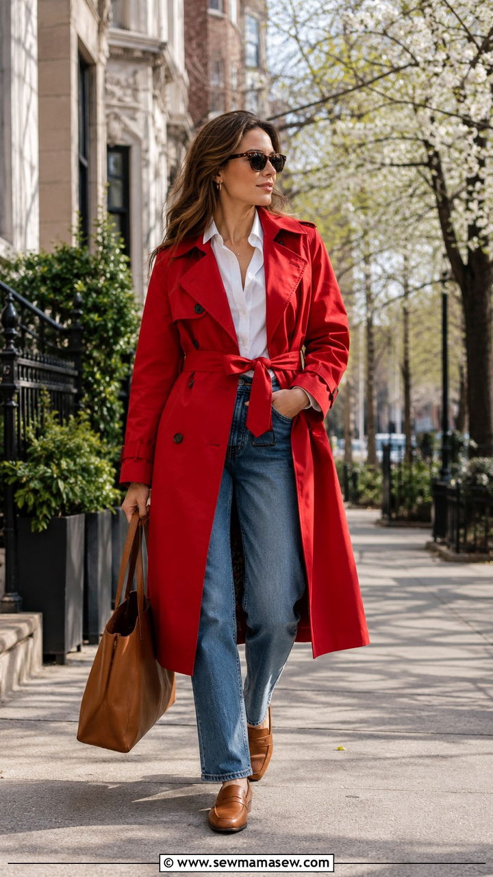 Cherry Red Trench Coat With Neutral Layers - 30 Cherry red outfit ideas