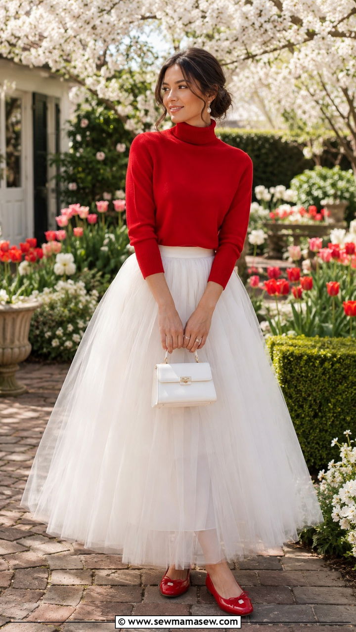Cherry Red Turtleneck With White Tulle Maxi Skirt - 30 spring red outfit ideas