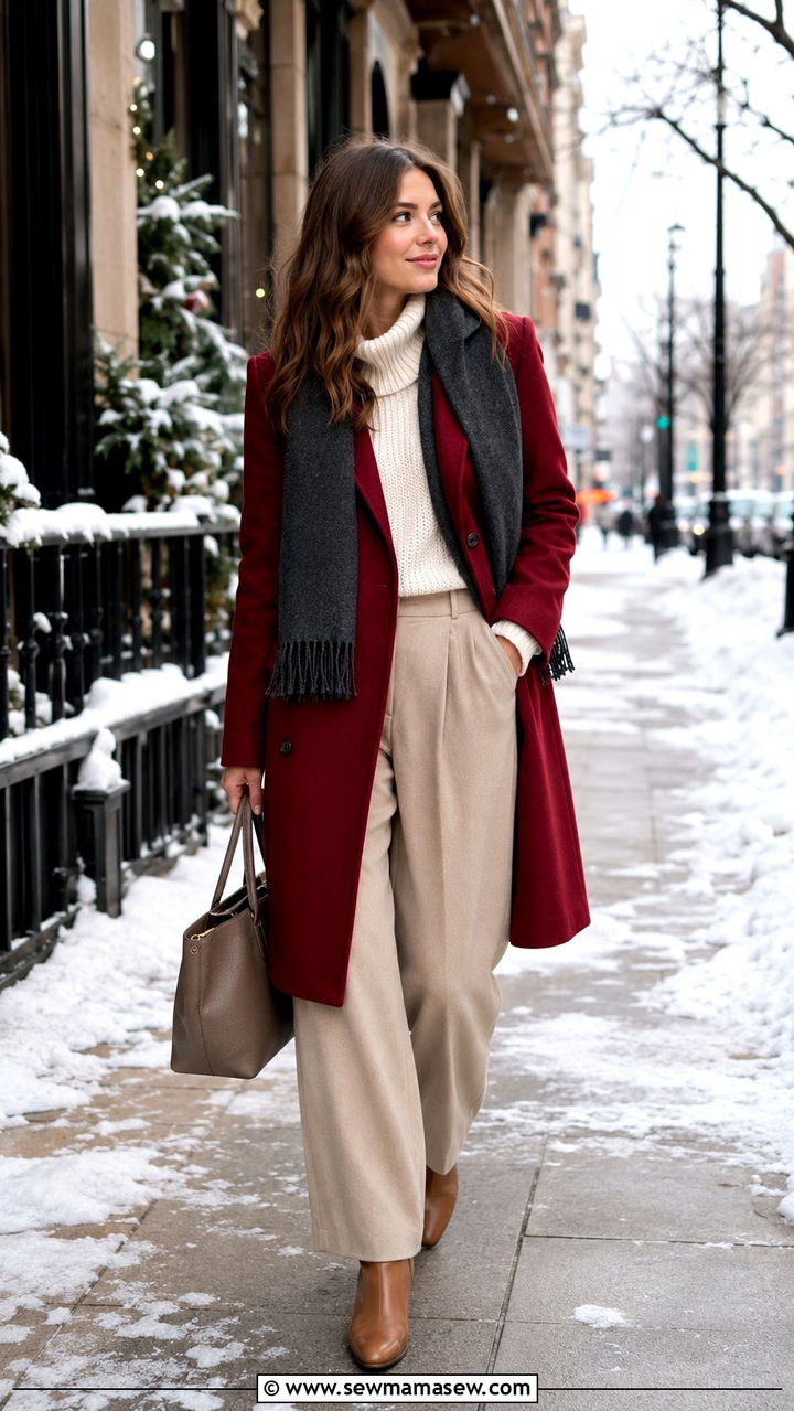 Cherry Red Wool Coat With Neutral Winter Outfit - 30 Cherry red outfit ideas