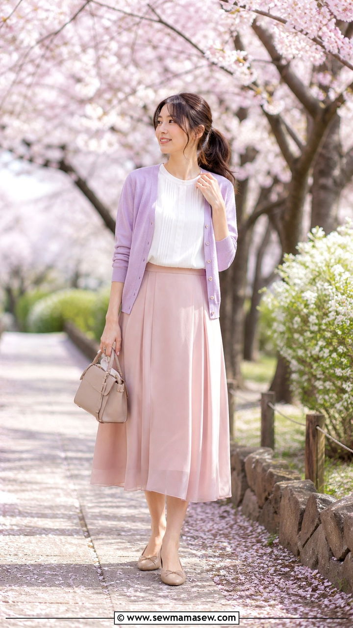 Cherry blossom viewing outfit with midi skirt and cardigan - 40 What to wear in Tokyo
