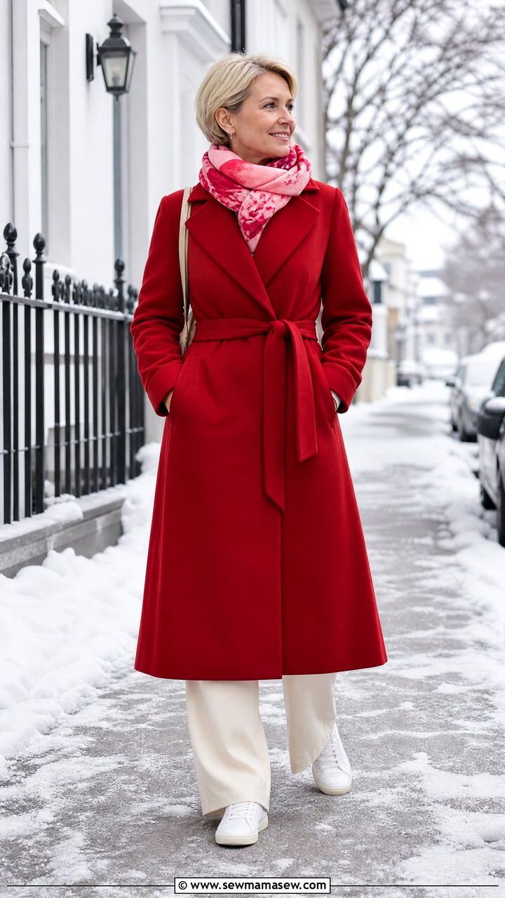 Cherry red belted coat and neutral trousers - 35 Mature woman outfit ideas