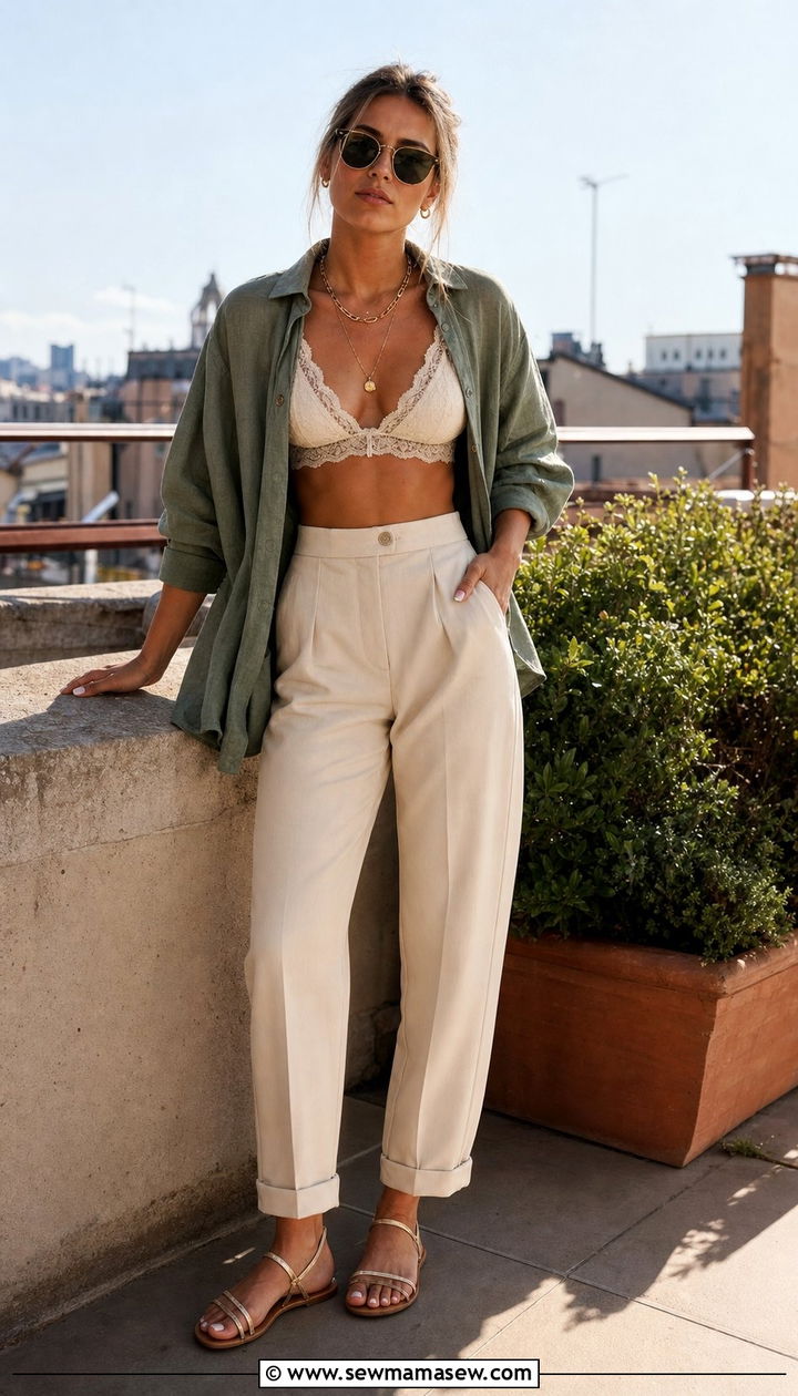 Chic Bralette With Linen Overshirt And Trousers - 25 spring summer 2026 outfits ideas