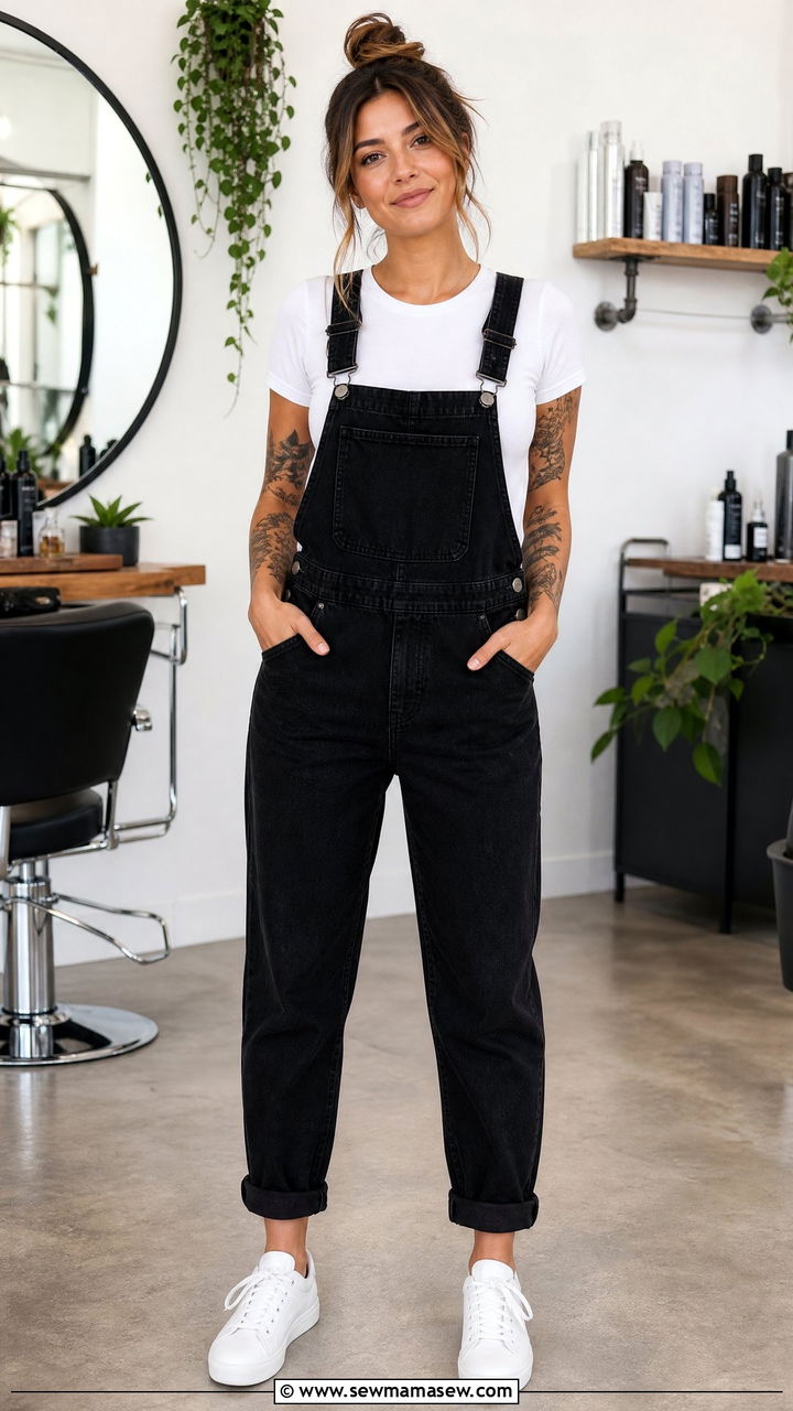 Chic Overalls and Fitted Tee for Hairstylists - 25 Salon outfit ideas for hairstylist