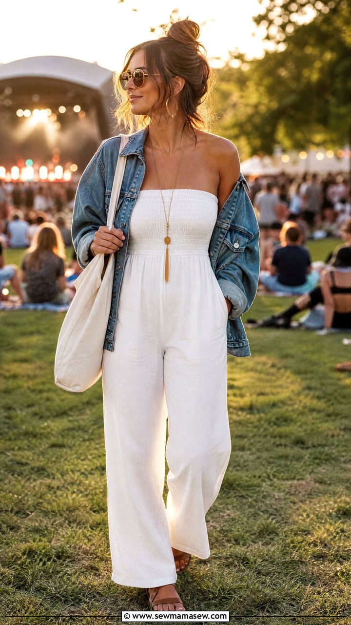 Chic Strapless Jumpsuit Outfit With Denim Jacket - 25 chic jumpsuit outfit ideas