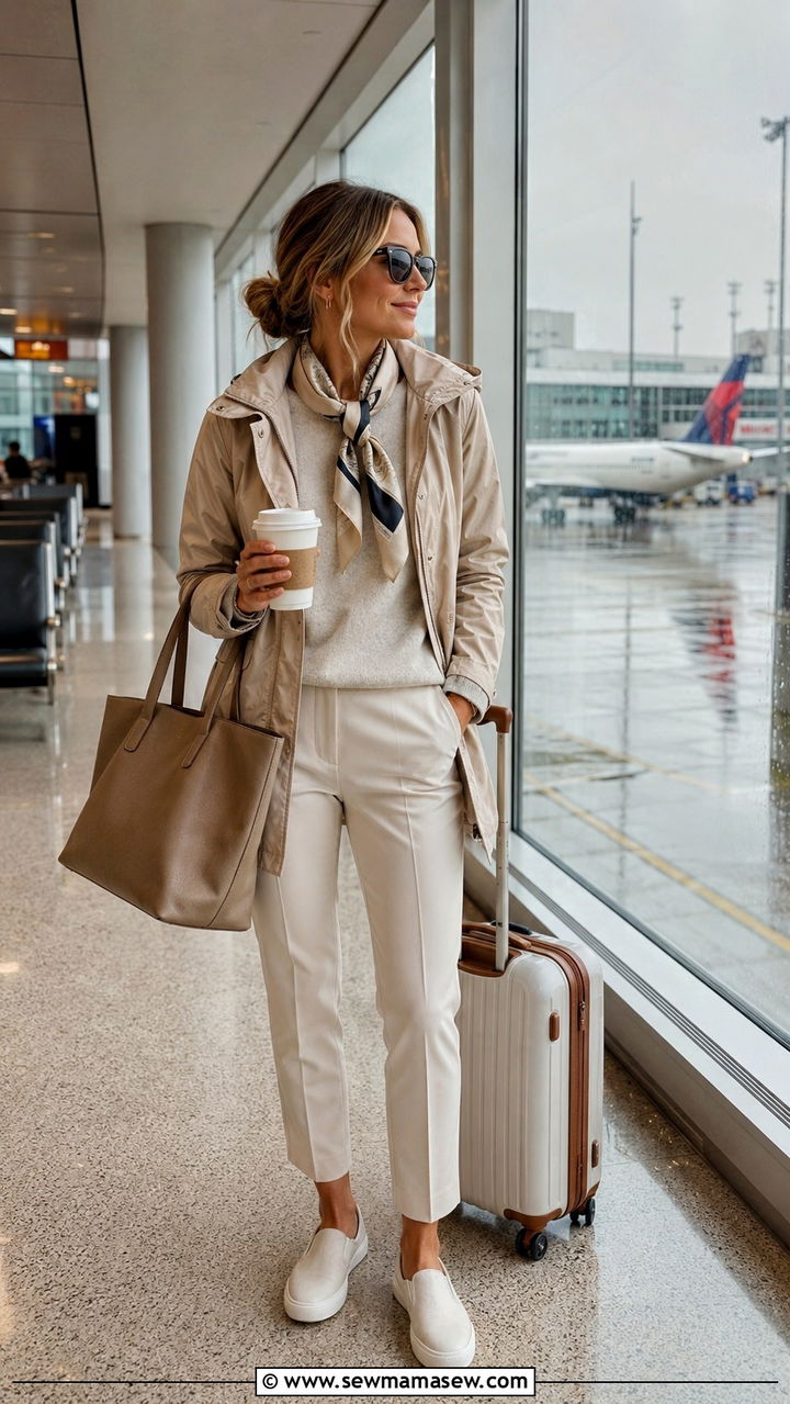 Chic Travel Outfit with Lightweight Rain Jacket and Tailored Bottoms - 30 classy rainy day outfits
